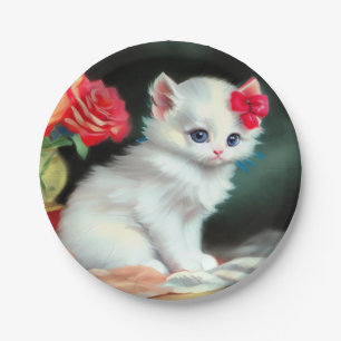 Prato De Papel Ilustração Vintage White Kitten com Flores Vermelh