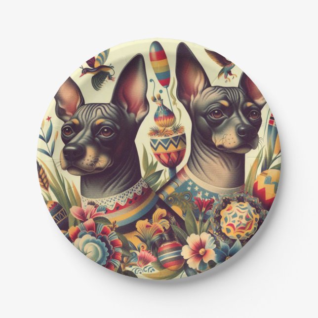 Prato De Papel Ilustração Vintage Xoloitzcuintle (Frente)