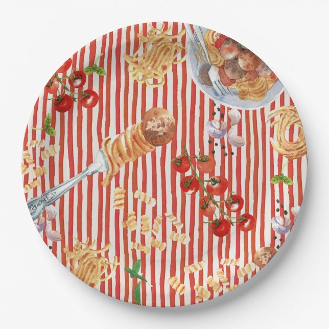 Prato De Papel Ilustrações de Almôndegas de Aquarela Comida Itali (Frente)