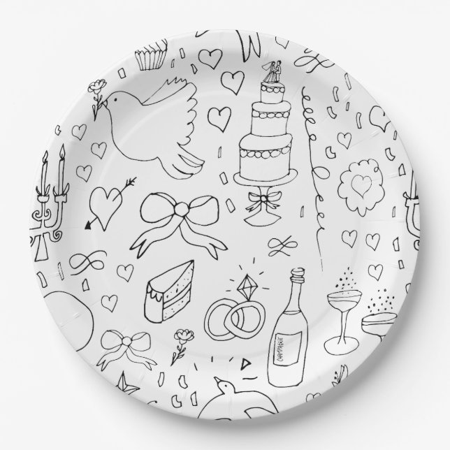 Prato De Papel Ilustrações de Dodle Casadas em Preto e Branco (Frente)