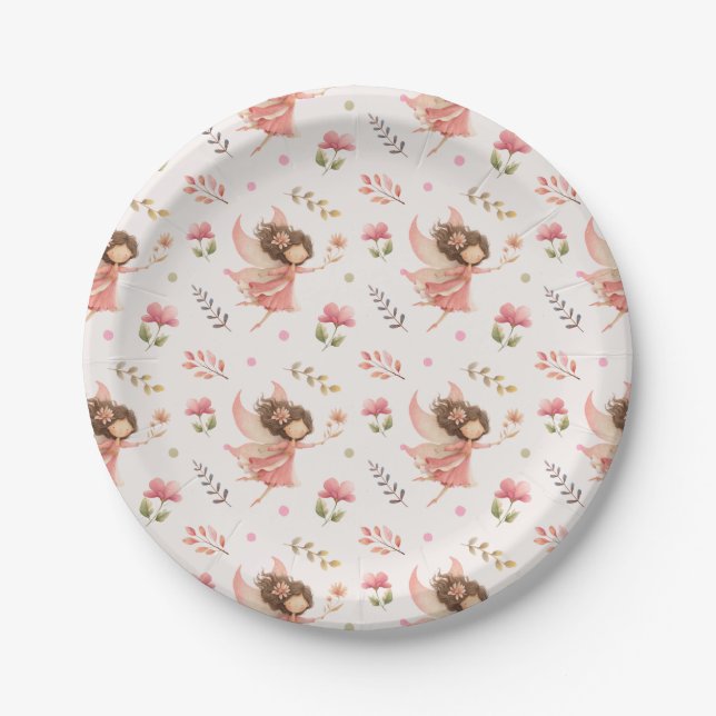 Prato De Papel Ilustrações de Fadas e Flores Rosa Pastel Floral (Frente)