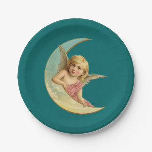 Prato De Papel Imagem do vintage - anjo que senta-se em uma lua