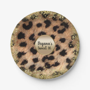 Prato De Papel Impressão Animal Guepardo Leopardo Dourado Brilho 