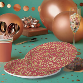 Prato De Papel Impressão de Glam Leopardo Dourado Vermelho