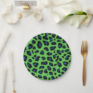 Prato De Papel Impressão de Leopardo Azul e Verde