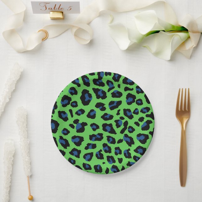 Prato De Papel Impressão de Leopardo Azul e Verde (Casamento)