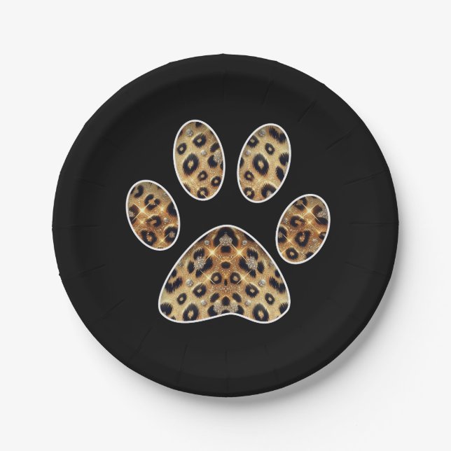 Prato De Papel Impressão de Pata com Brilho de Leopardo Dourado e (Frente)