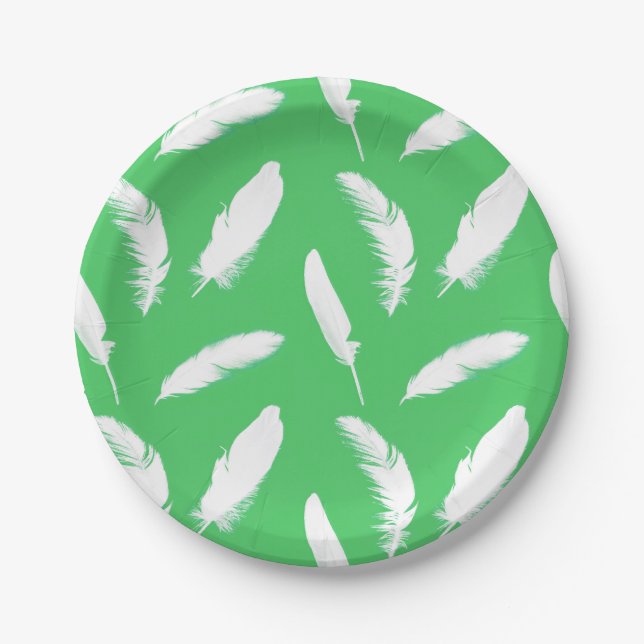 Prato De Papel Impressão de pena branca no jade green (Frente)