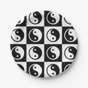Prato De Papel Impressão do bloco Zen Yin-yang, branco preto, mar