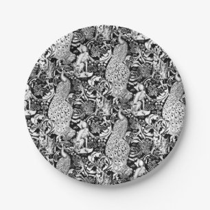 Prato De Papel Impressão do pavão de Nouveau da arte, preto e