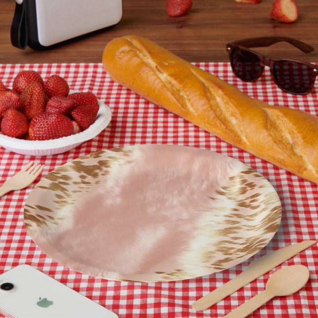 Prato De Papel Impressão em animais de vaca rosa-claro (Piquenique)