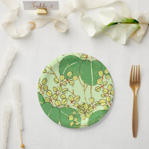 Prato De Papel Impressão em xilogravura de folha verde botânica j