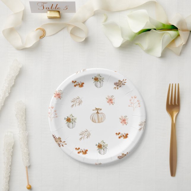 Prato De Papel Impressão Floral de Abóbora de Outono  (Casamento)
