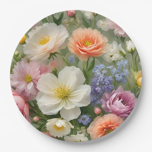 Prato De Papel Impressão Floral em Pastéis Suaves (Frente)