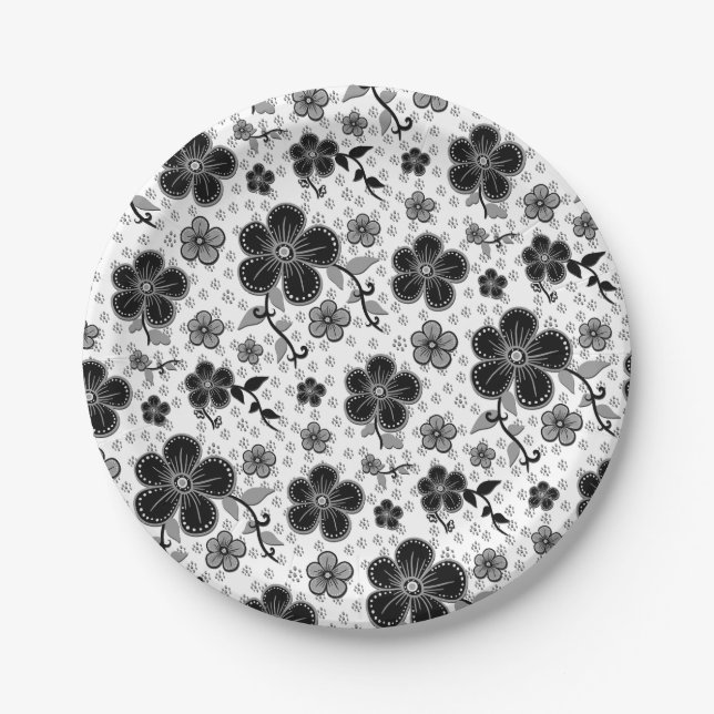 Prato De Papel Impressão Floral preto-e-branco (Frente)