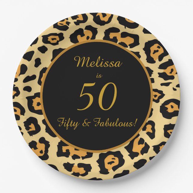 Prato De Papel Impressão Leopardo de 50 Fabulosa de Aniversário (Frente)