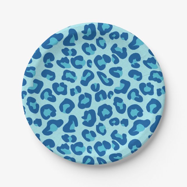 Prato De Papel Impressão Leopardo de Azul Claro a Escuro de Denim (Frente)