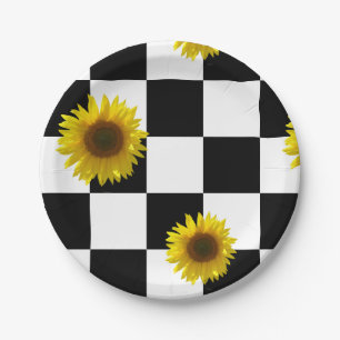 Prato De Papel Impressão preto e branco Checkered & do girassol