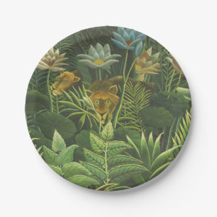 Prato De Papel Impressão Vintage de Leão na Selva Tropical de Hen