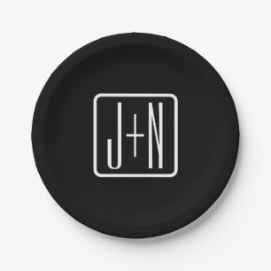 Prato De Papel Iniciais Modernos Monogramados   Preto & Branco