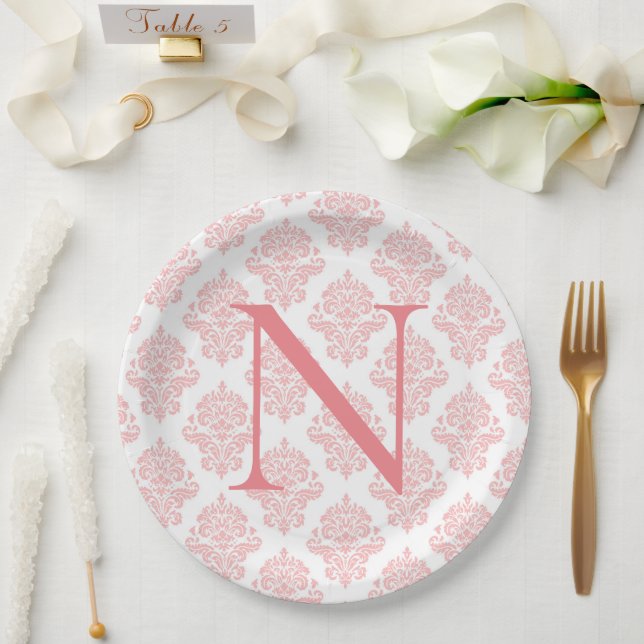 Prato De Papel Iniciais Monogramas Damask Pastel Peach (Casamento)