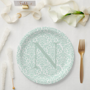 Prato De Papel Inicial de Monograma em Verde Sálvia Damask 