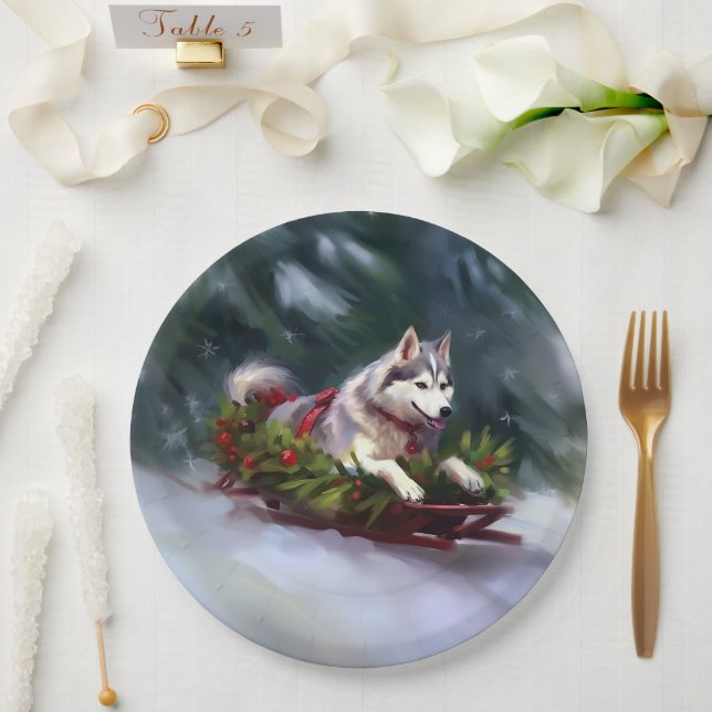 Prato De Papel Inverno de neve de Natal Siberian Husky (Casamento)