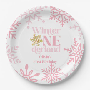 Prato De Papel Inverno Onederland Floco de Neve Rosa 1º Aniversár