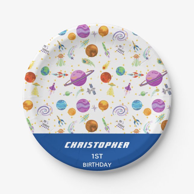 Prato De Papel Ir ao Espaço Aniversário Personalizado (Frente)
