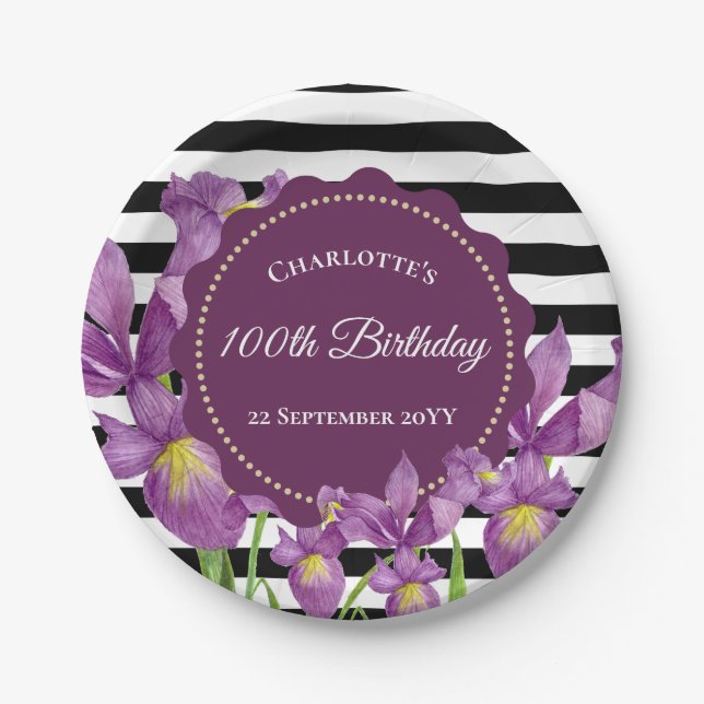 Prato De Papel Iris Púrpura Iris Floral Black Strips (Frente)