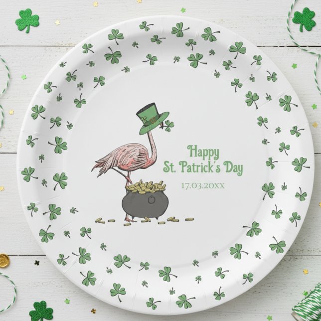 Prato De Papel Irish Shamrock Flamingo St. Patrick’s Day Party (Cute Saint Patrick's Day Party Paper Plates. Lucky Green Clover Border with Funny Irish Flamingo)