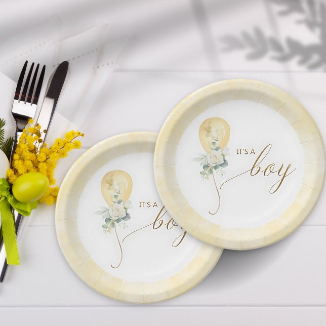 Prato De Papel It’s A Boy Baby Shower –Gold Balloon & Greenery (Criador carregado)