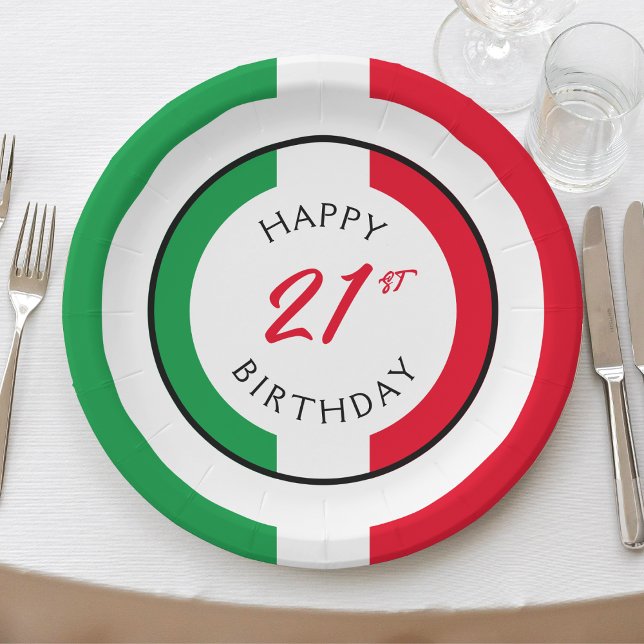 Prato De Papel Itália Itália Bandeira italiana Parabéns (Italy Italian flag happy 21st birthday paper plates)