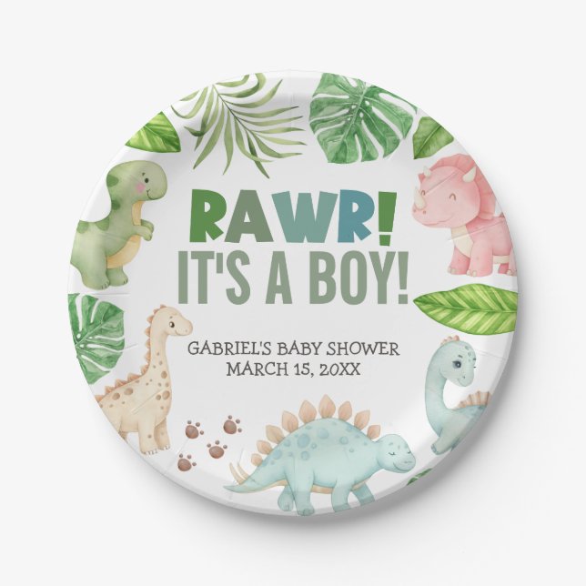 Prato De Papel It's a Boy Dinosaur Baby Shower (Frente)