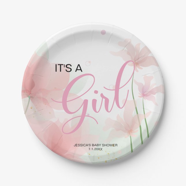 Prato De Papel It's a Girl Soft Blush Pink Flowers  (Frente)