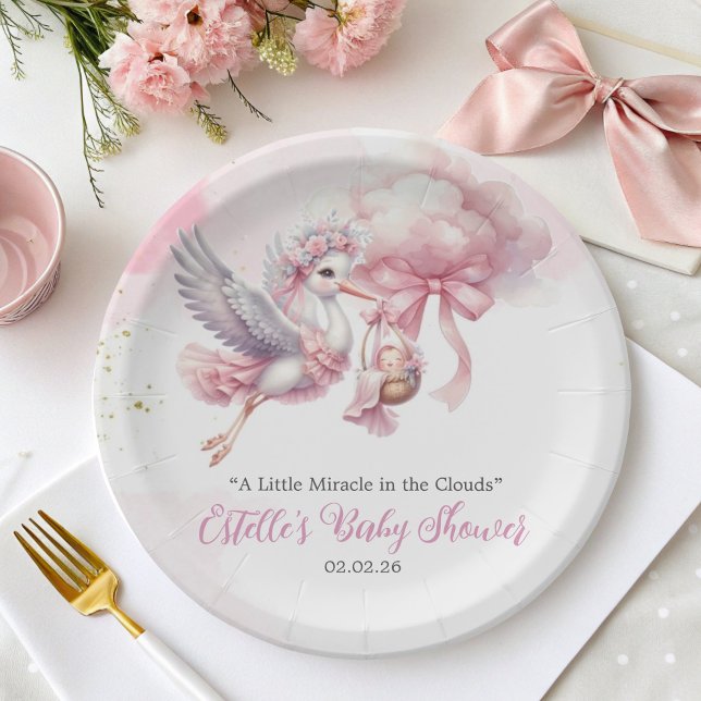 Prato De Papel It's a Girl Stork & Pink Cloud Baby Shower (Criador carregado)