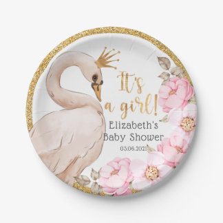 Prato De Papel It's a Girl! Watercolor Swan Baby Shower 
