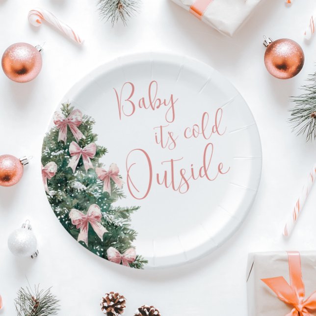 Prato De Papel It's Cold Outside Winter Pink Bow Girl Baby Shower (Criador carregado)