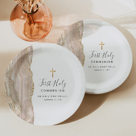 Prato De Papel Ivory Agate Dourado Glitter Primeira Comunhão Sagr