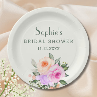 Prato De Papel Ivory Lilac Pink Roses Floral Bridal Shower