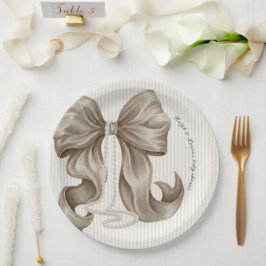 Prato De Papel Ivory Striped Bow Baby Shower 