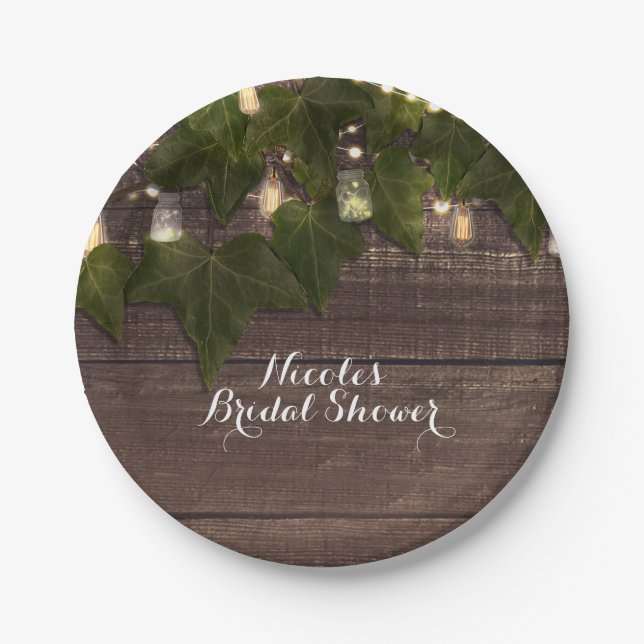 Prato De Papel Ivy & String Luzes Mason Jar Recepção Rústica (Frente)