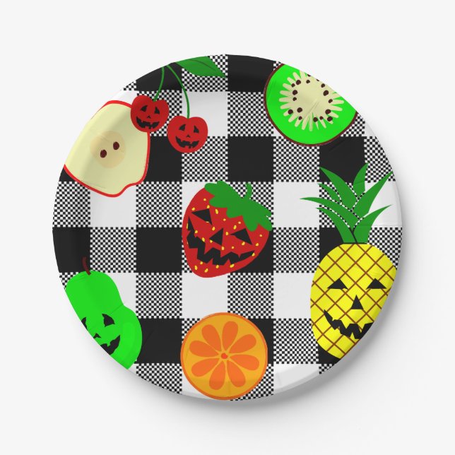 Prato De Papel jack do'lantern fruta gingham (Frente)