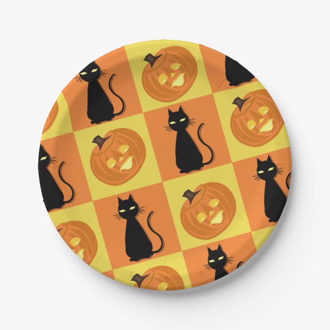 Prato De Papel Jack-o’-lantern and cat paper plates. (Frente)