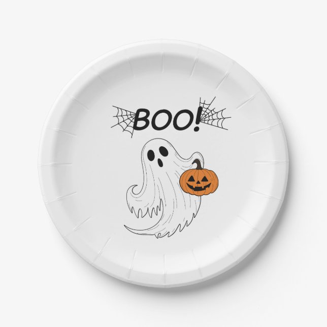 Prato De Papel Jack-o-lanterna e um fantasma branco Boo Halloween (Frente)