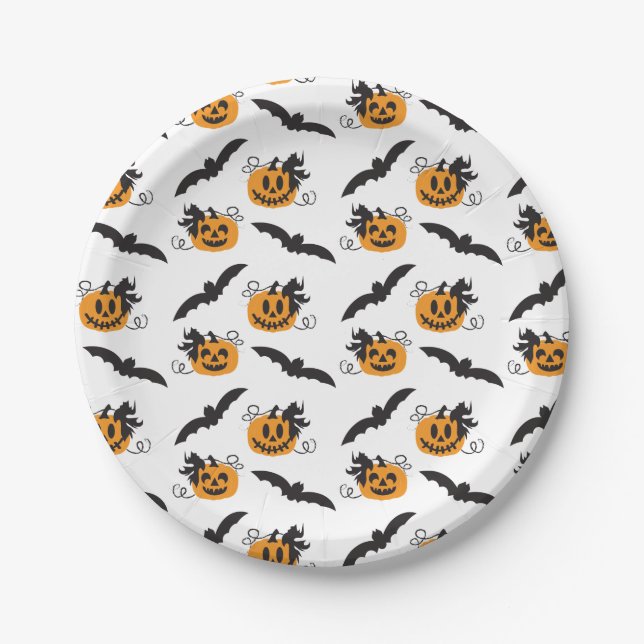 Prato De Papel Jack O Lanterna Pumpkin Bat Halloween Black Orange (Frente)