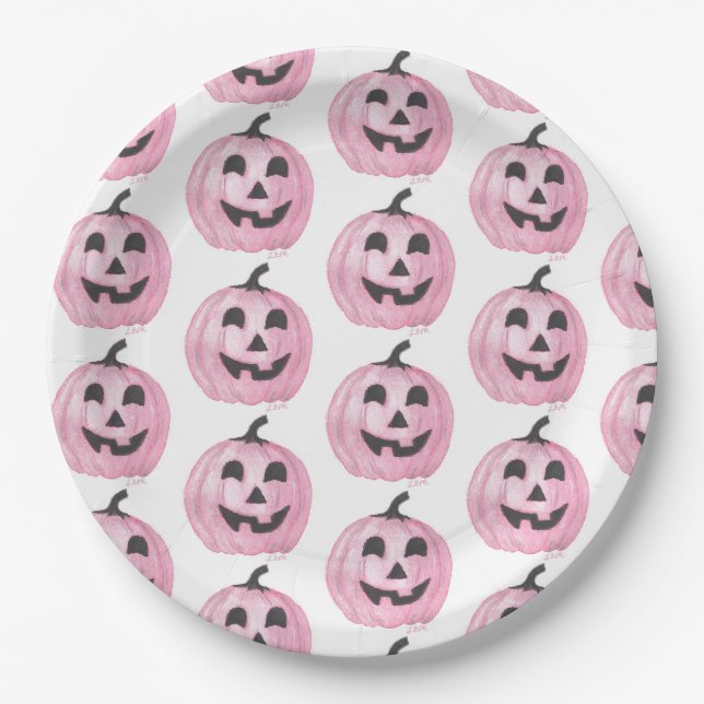 Prato De Papel Jack-O-Lanterna Rosa (Frente)