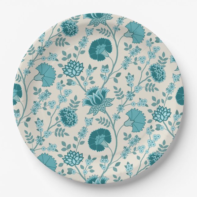 Prato De Papel Jacobean Floral Pattern Teals on Cream (Frente)