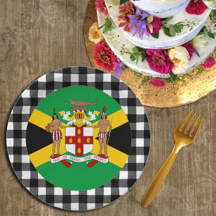 Prato De Papel Jamaica Plate, Emblem búfalo xadrez, bandeira jama