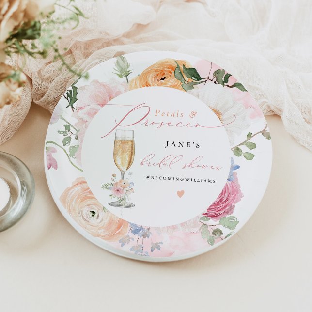 Prato De Papel JANE Blush Pétalas Florais & Bridal Shower Prosecc (Criador carregado)